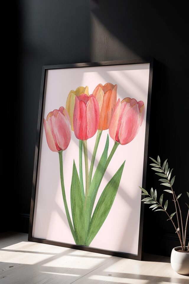 SİYAH - Tulip Illustration Modern Çizim Trendy Maksimalist Sanatı Ahşap Çerçeveli Duvar Tablosu