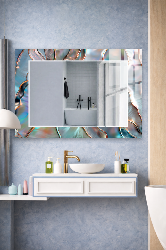 HEM TABLO HEM AYNA HOLOGRAFİK DALGA SOYUT CAM DUVAR AYNASI EV DEKORU