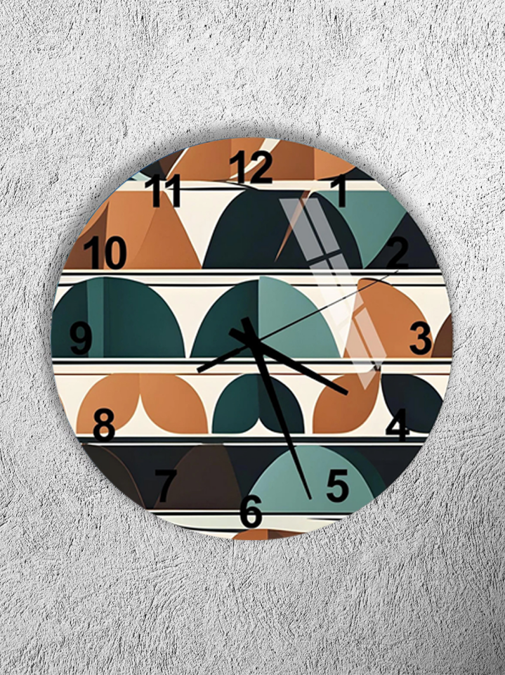KIRILMAZ CAM DUVAR SAATİ, HEM TABLO HEM SAAT SOYUT YARIM DAİRE GEOMETRİK DESEN EV OFİS HEDİYESİ