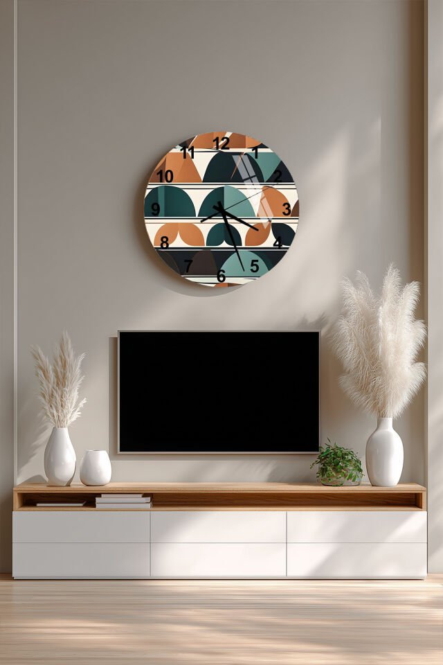 KIRILMAZ CAM DUVAR SAATİ, HEM TABLO HEM SAAT SOYUT YARIM DAİRE GEOMETRİK DESEN EV OFİS HEDİYESİ