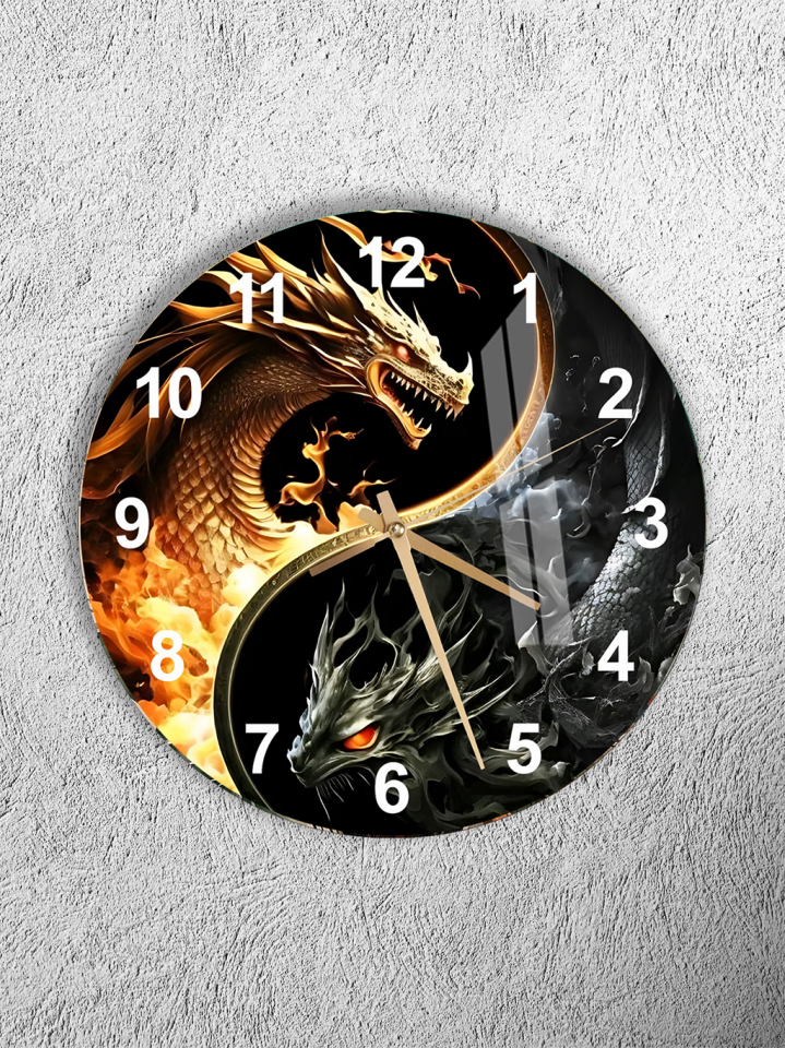 KIRILMAZ CAM DUVAR SAATİ, EJDERHA YİN YANG TEMALI SANATSAL TASARIM, HEM TABLO HEM SAAT EV OFİS HEDİYESİ