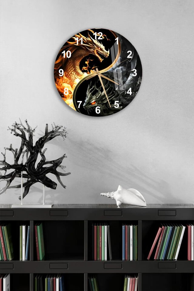 KIRILMAZ CAM DUVAR SAATİ, EJDERHA YİN YANG TEMALI SANATSAL TASARIM, HEM TABLO HEM SAAT EV OFİS HEDİYESİ