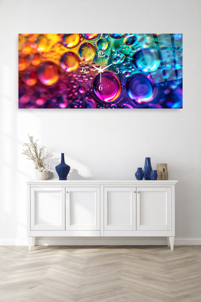 KIRILMAZ CAM DUVAR SAATİ , HEM TABLO HEM SAAT RENKLİ DAMLA SANATI MODERN TASARIM EV OFİS HEDİYESİ