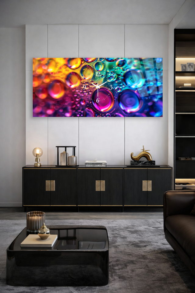 KIRILMAZ CAM DUVAR SAATİ , HEM TABLO HEM SAAT RENKLİ DAMLA SANATI MODERN TASARIM EV OFİS HEDİYESİ