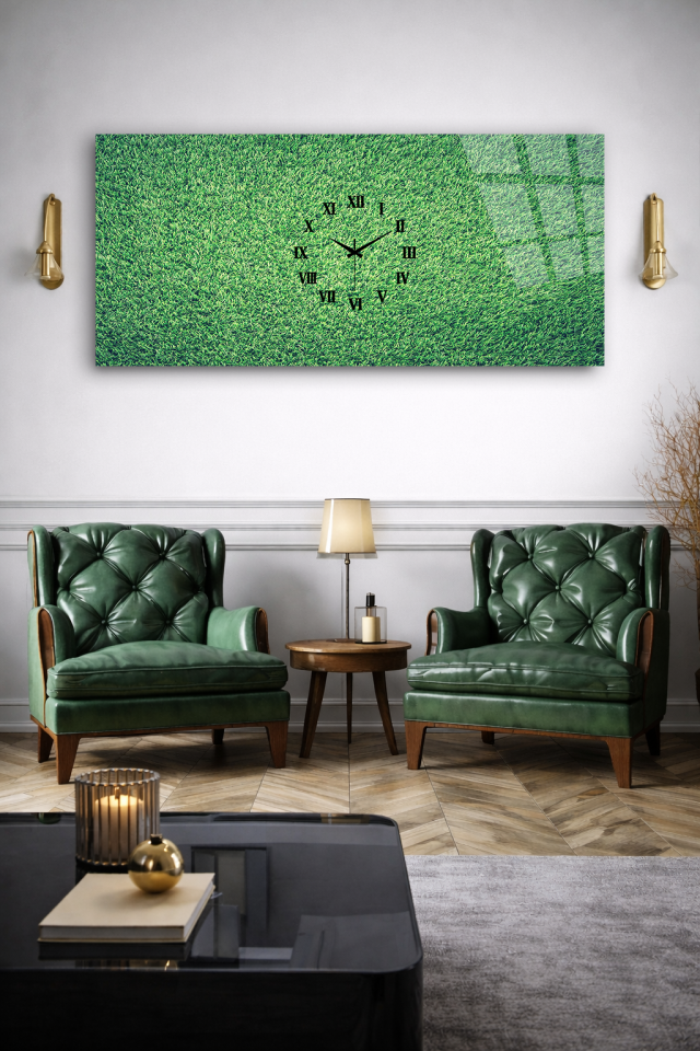 KIRILMAZ CAM DUVAR SAATİ , HEM TABLO HEM SAAT YEŞİL ÇİM DOKU DOĞAL TASARIM EV OFİS HEDİYESİ