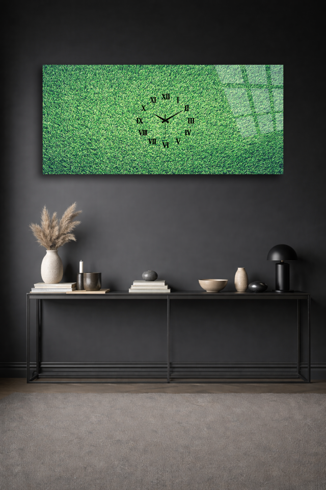 KIRILMAZ CAM DUVAR SAATİ , HEM TABLO HEM SAAT YEŞİL ÇİM DOKU DOĞAL TASARIM EV OFİS HEDİYESİ