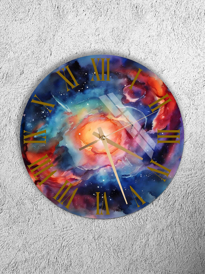 KIRILMAZ CAM DUVAR SAATİ, HEM TABLO HEM SAAT KOZMİK GALAKSİ UZAY SANATI EV OFİS HEDİYESİ