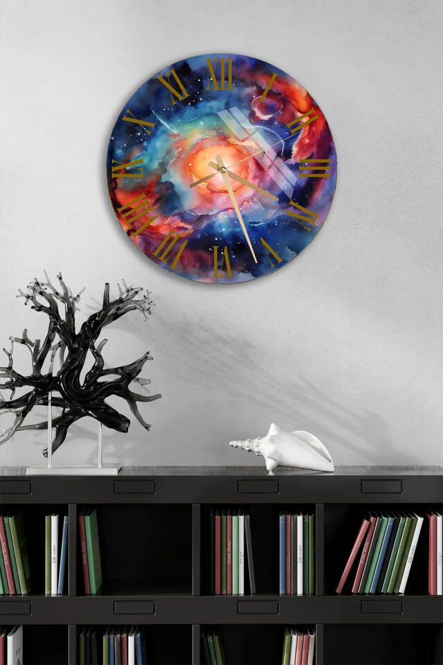 KIRILMAZ CAM DUVAR SAATİ, HEM TABLO HEM SAAT KOZMİK GALAKSİ UZAY SANATI EV OFİS HEDİYESİ