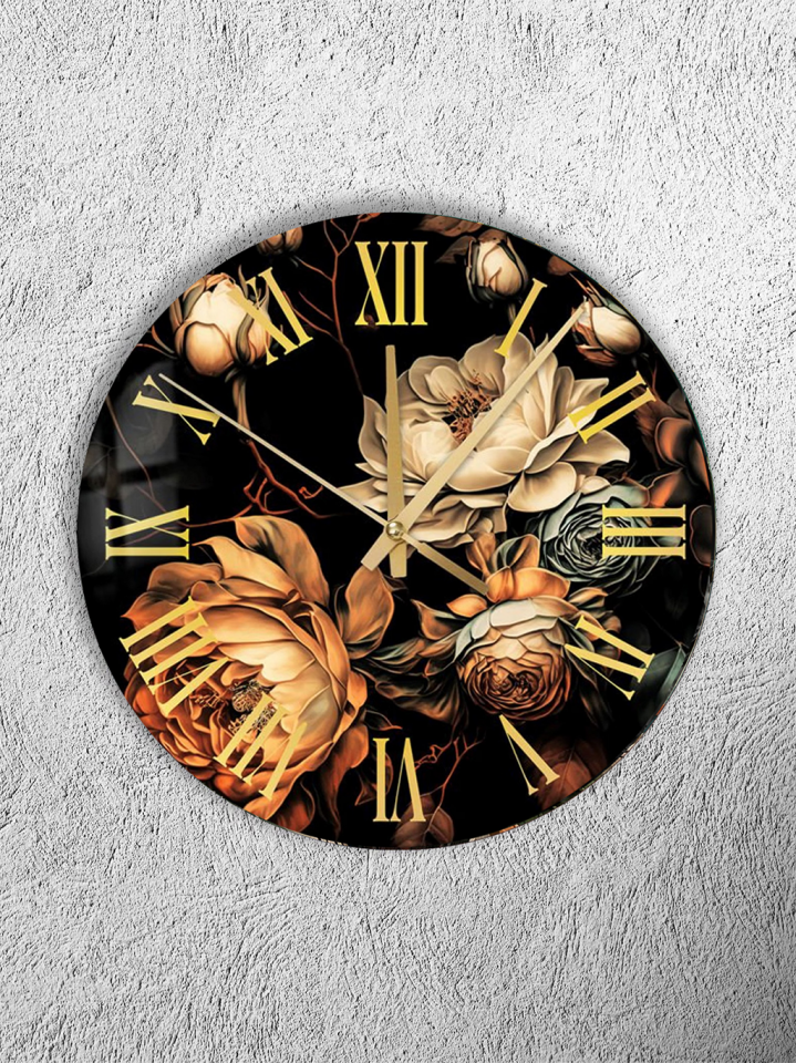 KIRILMAZ CAM DUVAR SAATİ, SİYAH ZEMİN ÇİÇEK DESENLİ LÜKS TASARIM, HEM TABLO HEM SAAT EV OFİS HEDİYESİ