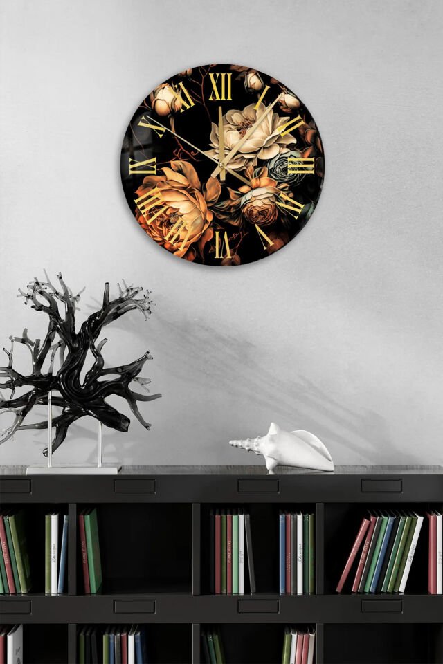 KIRILMAZ CAM DUVAR SAATİ, SİYAH ZEMİN ÇİÇEK DESENLİ LÜKS TASARIM, HEM TABLO HEM SAAT EV OFİS HEDİYESİ
