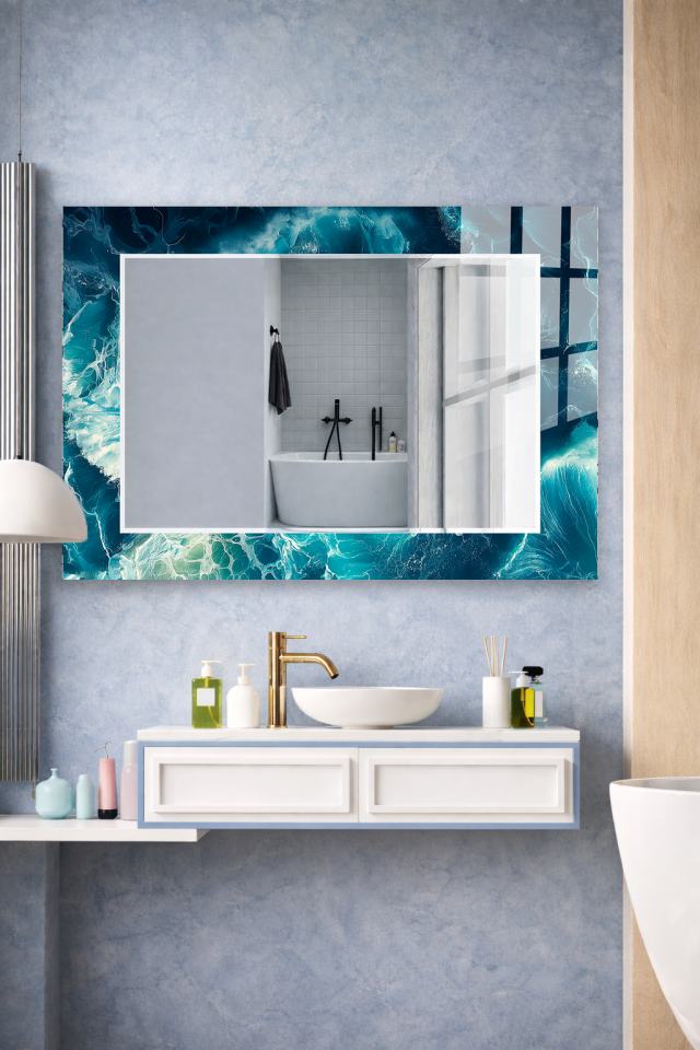 HEM TABLO HEM AYNA OKYANUS DALGA DERİNLİK EFEKT CAM DUVAR AYNASI EV DEKORU