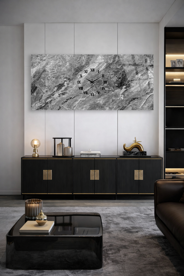 KIRILMAZ CAM DUVAR SAATİ , HEM TABLO HEM SAAT GRİ MERMER DOKU MODERN TASARIM EV OFİS HEDİYESİ