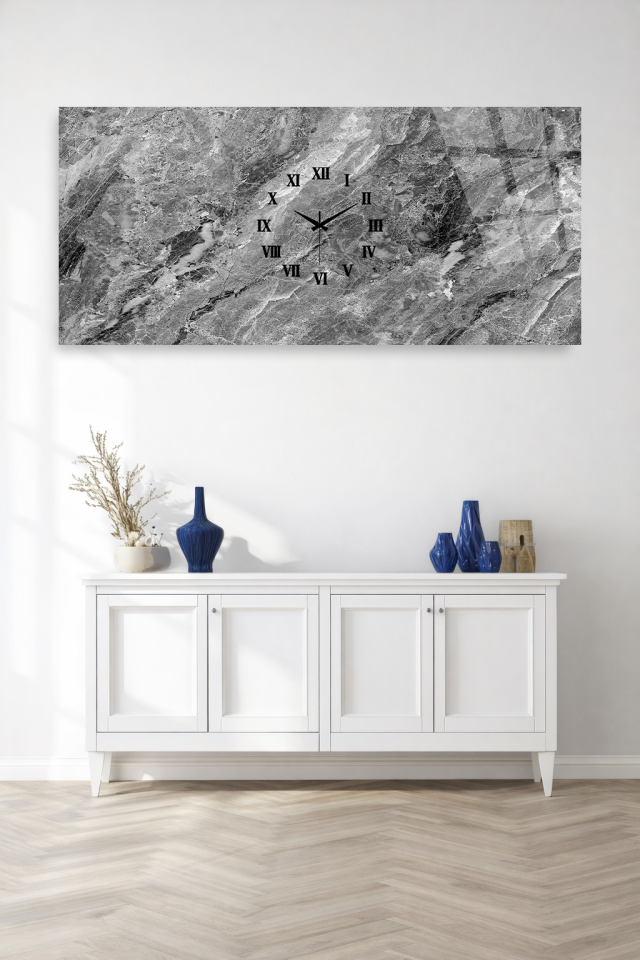 KIRILMAZ CAM DUVAR SAATİ , HEM TABLO HEM SAAT GRİ MERMER DOKU MODERN TASARIM EV OFİS HEDİYESİ