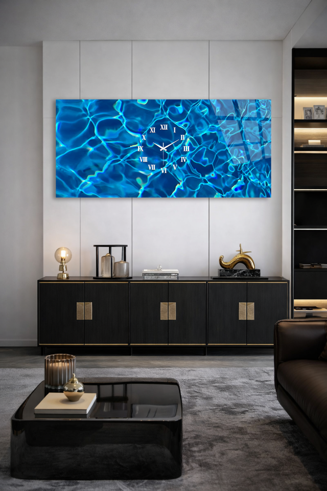 KIRILMAZ CAM DUVAR SAATİ , HEM TABLO HEM SAAT MAVİ SU DALGA DESENLİ MODERN EV OFİS HEDİYESİ