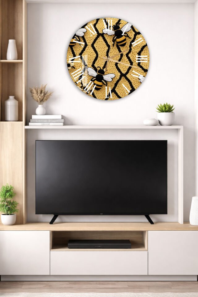 KIRILMAZ CAM DUVAR SAATİ, HEM TABLO HEM SAAT ARI FİGÜRLÜ BAL PETEĞİ DESEN EV OFİS HEDİYESİ