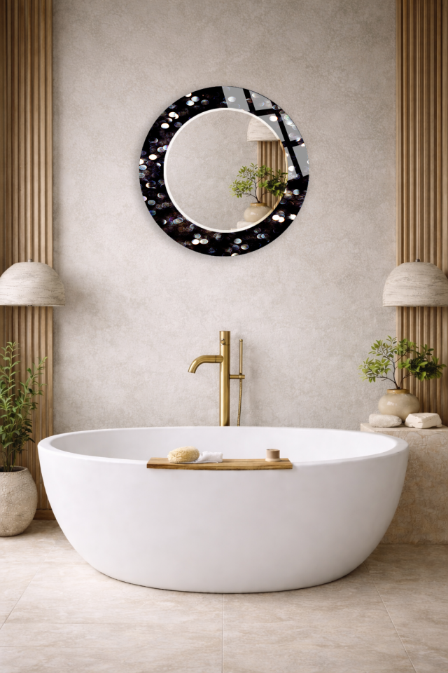 HEM TABLO HEM AYNA PARLAK SİYAH BOKEH IŞIK TASARIM CAM DUVAR AYNASI EV DEKORU