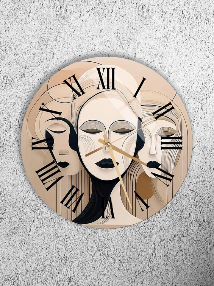 KIRILMAZ CAM DUVAR SAATİ, SOYUT YÜZLER MODERN SANAT TASARIMI, HEM TABLO HEM SAAT EV OFİS HEDİYESİ