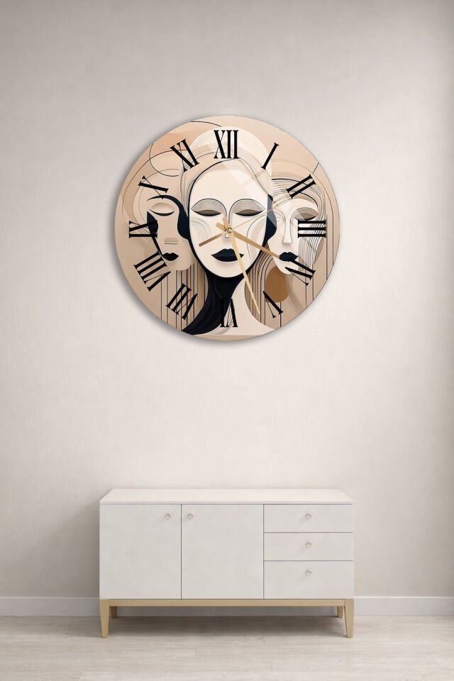 KIRILMAZ CAM DUVAR SAATİ, SOYUT YÜZLER MODERN SANAT TASARIMI, HEM TABLO HEM SAAT EV OFİS HEDİYESİ