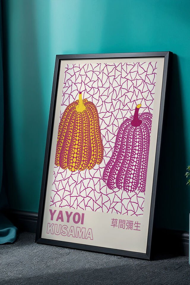 SİYAH - İkili Kabak Kusama Tarzında Sanatsal Noktalı Kabak Tasarımıyla Doğal Ahşap Çerçeveli Japandi Tablo