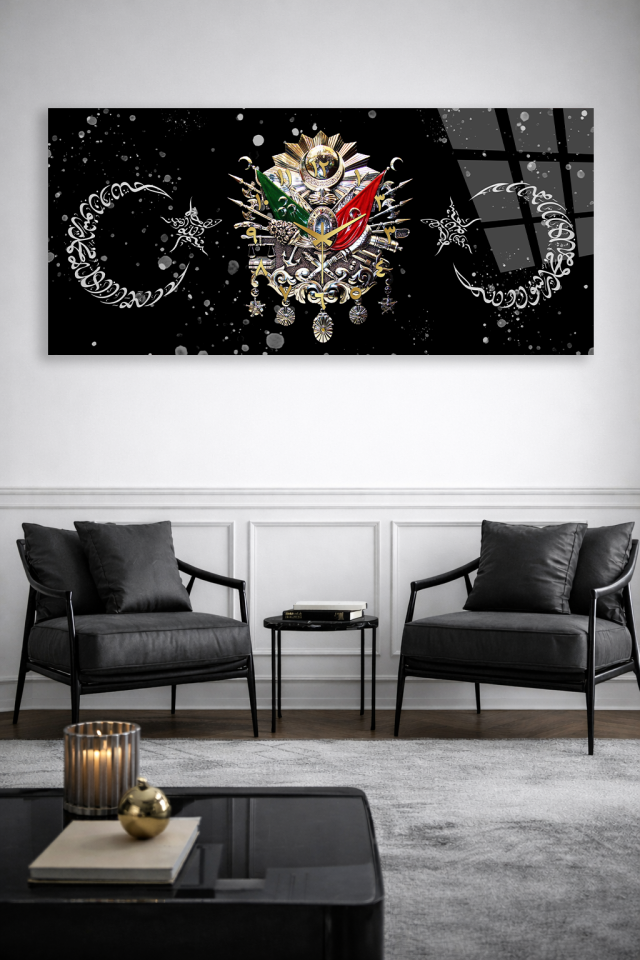 KIRILMAZ CAM DUVAR SAATİ , HEM TABLO HEM SAAT OSMANLI ARMASI SİYAH ZEMİN LÜKS EV OFİS HEDİYESİ