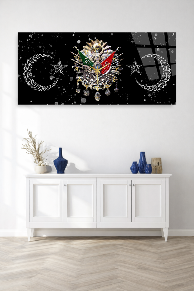 KIRILMAZ CAM DUVAR SAATİ , HEM TABLO HEM SAAT OSMANLI ARMASI SİYAH ZEMİN LÜKS EV OFİS HEDİYESİ