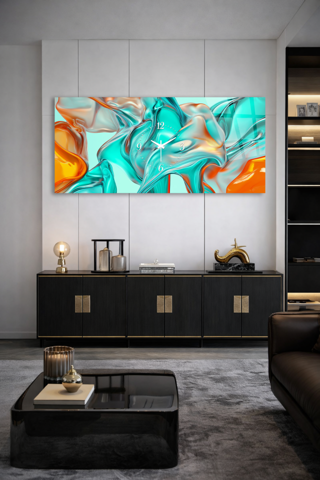 KIRILMAZ CAM DUVAR SAATİ , HEM TABLO HEM SAAT TURKUAZ TURUNCU AKIŞKAN SANAT EV OFİS HEDİYESİ