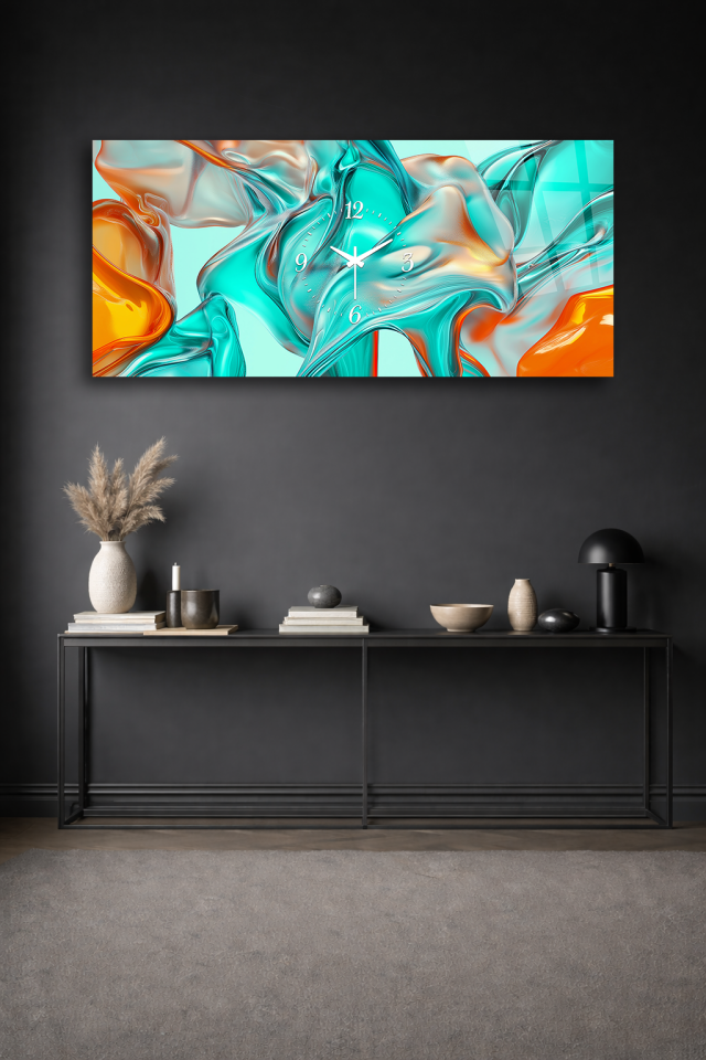 KIRILMAZ CAM DUVAR SAATİ , HEM TABLO HEM SAAT TURKUAZ TURUNCU AKIŞKAN SANAT EV OFİS HEDİYESİ
