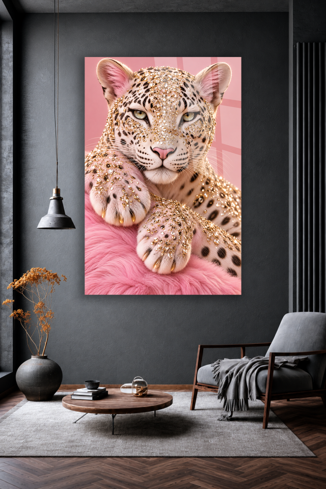 PEMBE IŞILTILI GLİTTER LEOPAR FİGÜRLÜ DEKORATİF CAM TABLO EV OFİS HEDİYESİ