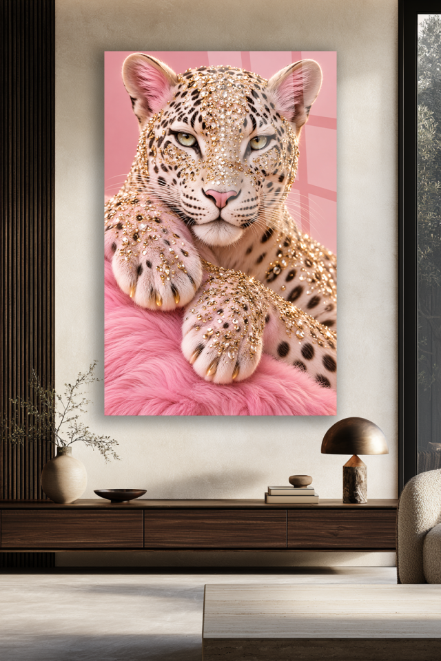 PEMBE IŞILTILI GLİTTER LEOPAR FİGÜRLÜ DEKORATİF CAM TABLO EV OFİS HEDİYESİ