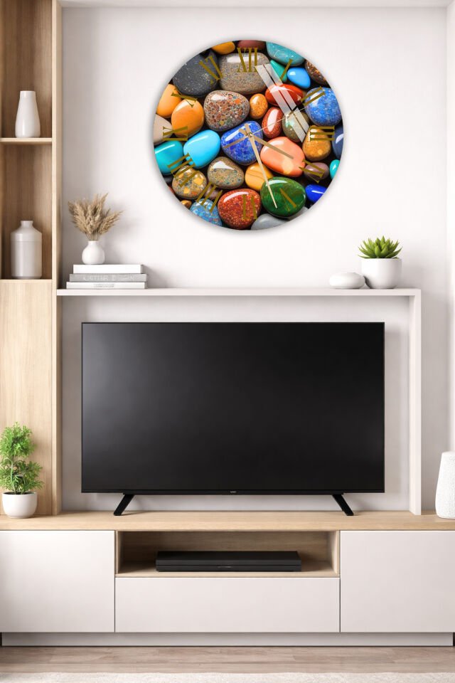 KIRILMAZ CAM DUVAR SAATİ, HEM TABLO HEM SAAT RENKLİ DOĞAL TAŞ MOZAYİK ZEN TASARIM EV OFİS HEDİYESİ