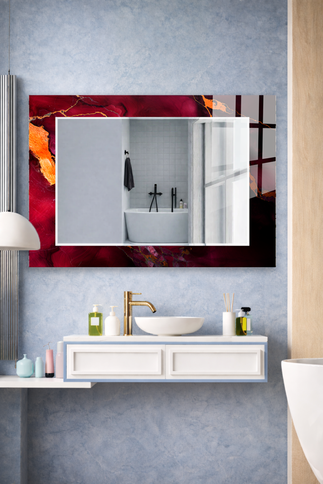 HEM TABLO HEM AYNA KIRMIZI MERMER ALTIN VARAK DESEN CAM DUVAR AYNASI EV DEKORU