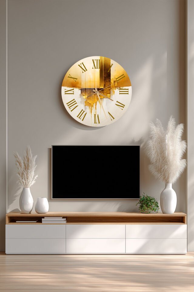 KIRILMAZ CAM DUVAR SAATİ, ALTIN TON SOYUT SANAT DESENLİ, HEM TABLO HEM SAAT EV OFİS HEDİYESİ