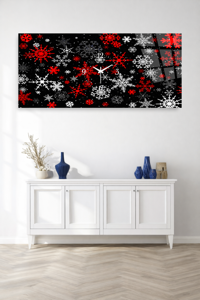 KIRILMAZ CAM DUVAR SAATİ , HEM TABLO HEM SAAT KAR TANESİ DESENİ KIŞ TEMASI EV OFİS HEDİYESİ