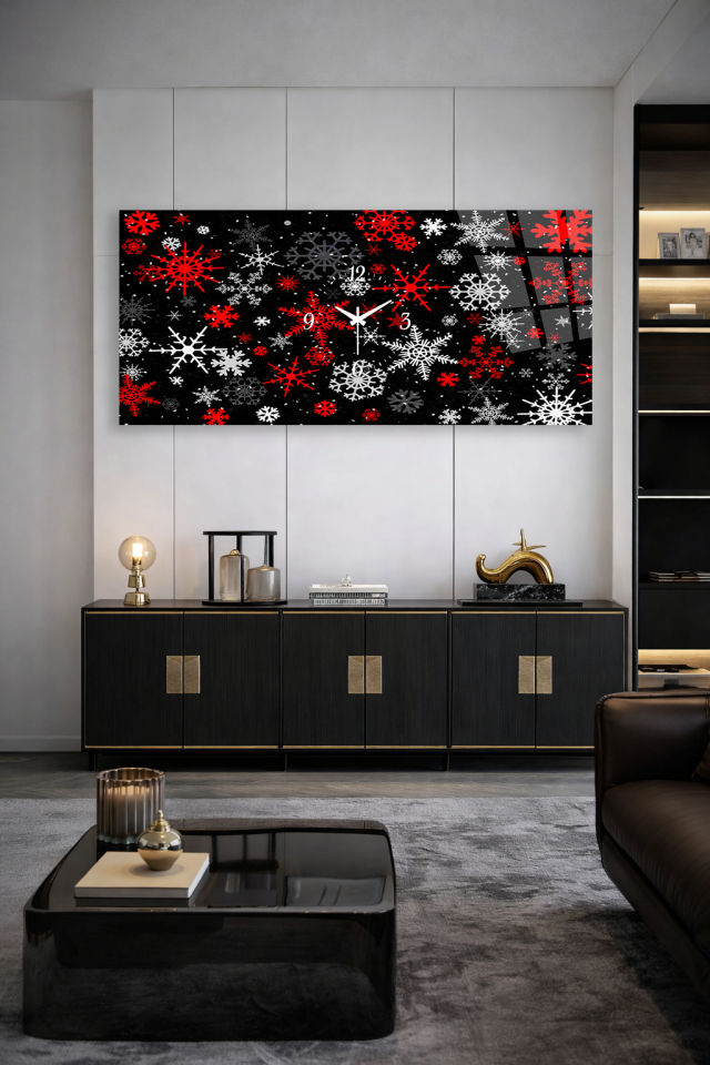 KIRILMAZ CAM DUVAR SAATİ , HEM TABLO HEM SAAT KAR TANESİ DESENİ KIŞ TEMASI EV OFİS HEDİYESİ