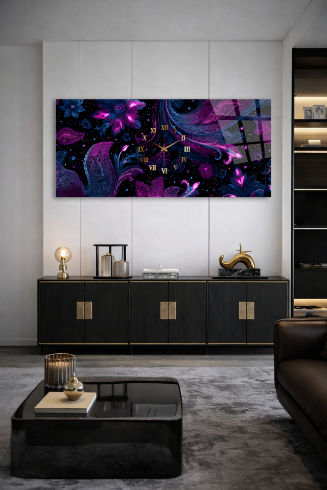 KIRILMAZ CAM DUVAR SAATİ , HEM TABLO HEM SAAT MOR ÇİÇEKLİ OSMANLI DESEN EV OFİS HEDİYESİ