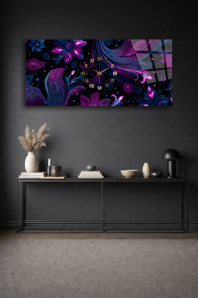 KIRILMAZ CAM DUVAR SAATİ , HEM TABLO HEM SAAT MOR ÇİÇEKLİ OSMANLI DESEN EV OFİS HEDİYESİ