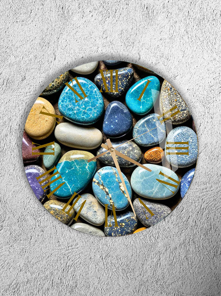 KIRILMAZ CAM DUVAR SAATİ, HEM TABLO HEM SAAT MAVİ TONLU DOĞAL TAŞ ZEN TASARIM EV OFİS HEDİYESİ