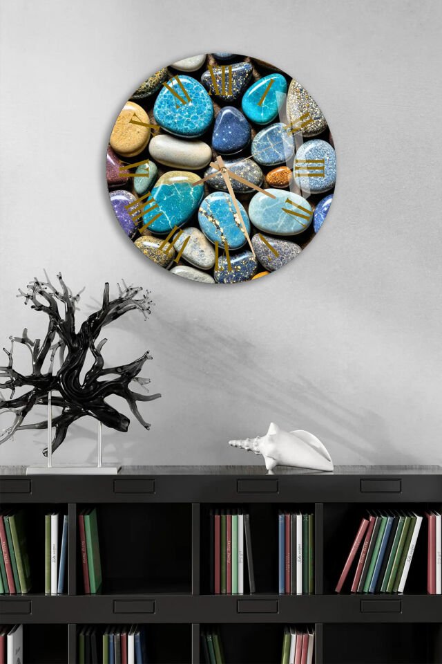 KIRILMAZ CAM DUVAR SAATİ, HEM TABLO HEM SAAT MAVİ TONLU DOĞAL TAŞ ZEN TASARIM EV OFİS HEDİYESİ