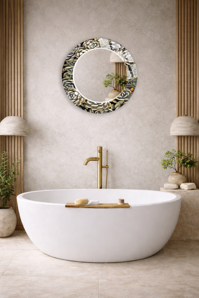 HEM TABLO HEM AYNA SUKULENT DOĞA DESENLİ TASARIM CAM DUVAR AYNASI EV DEKORU