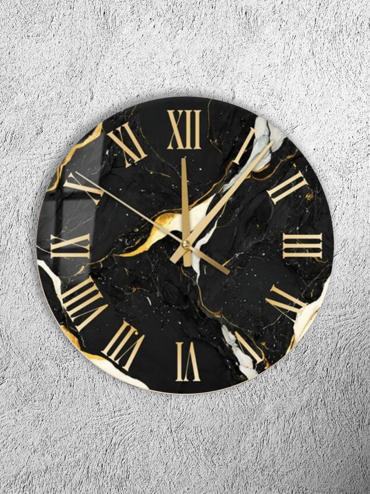 KIRILMAZ CAM DUVAR SAATİ, SİYAH MERMER ALTIN ÇİZGİLİ LÜKS TASARIM, HEM TABLO HEM SAAT EV OFİS HEDİYESİ