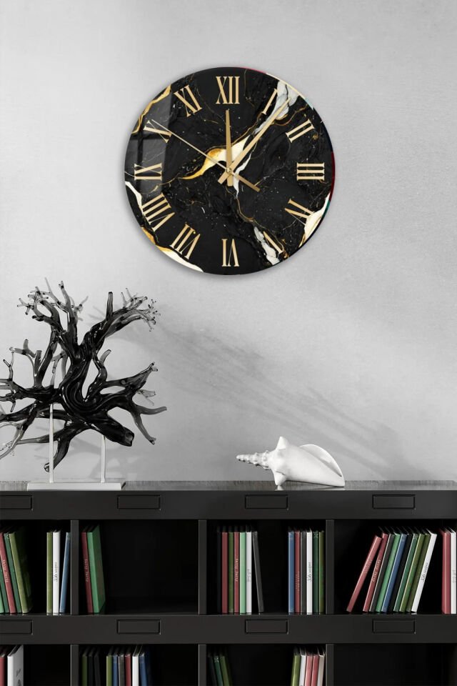 KIRILMAZ CAM DUVAR SAATİ, SİYAH MERMER ALTIN ÇİZGİLİ LÜKS TASARIM, HEM TABLO HEM SAAT EV OFİS HEDİYESİ