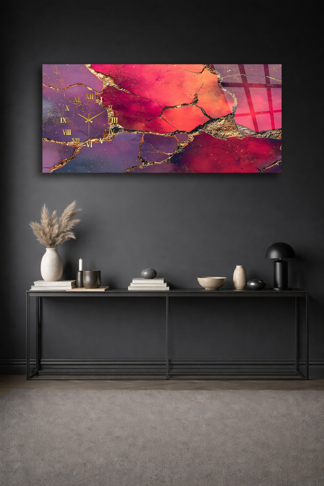 KIRILMAZ CAM DUVAR SAATİ , HEM TABLO HEM SAAT MERMER DOKU ALTIN ÇATLAK EV OFİS HEDİYESİ