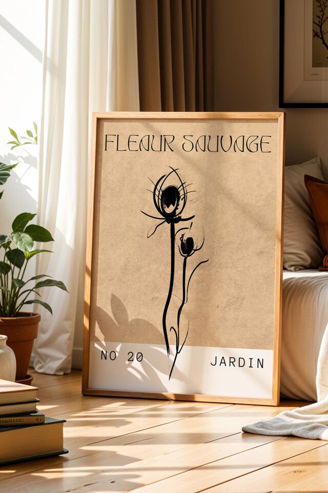 DOĞAL AHŞAP - Jardin Botanik Çizim Kahverengi Minimalist Doğal Ahşap Çerçeveli Duvar Tablosu