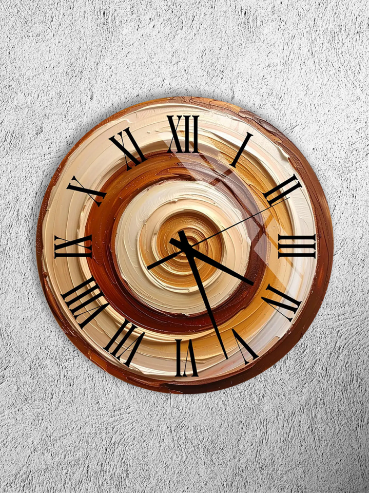 KIRILMAZ CAM DUVAR SAATİ, KAHVE TONLARI DAİRESEL SOYUT DESENLİ, HEM TABLO HEM SAAT EV OFİS HEDİYESİ