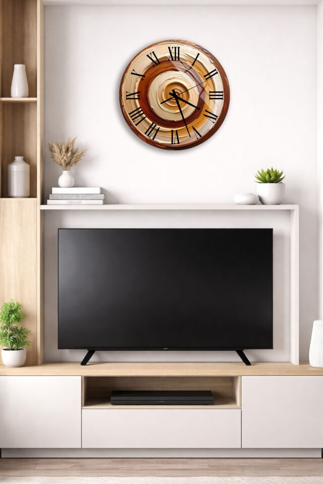 KIRILMAZ CAM DUVAR SAATİ, KAHVE TONLARI DAİRESEL SOYUT DESENLİ, HEM TABLO HEM SAAT EV OFİS HEDİYESİ