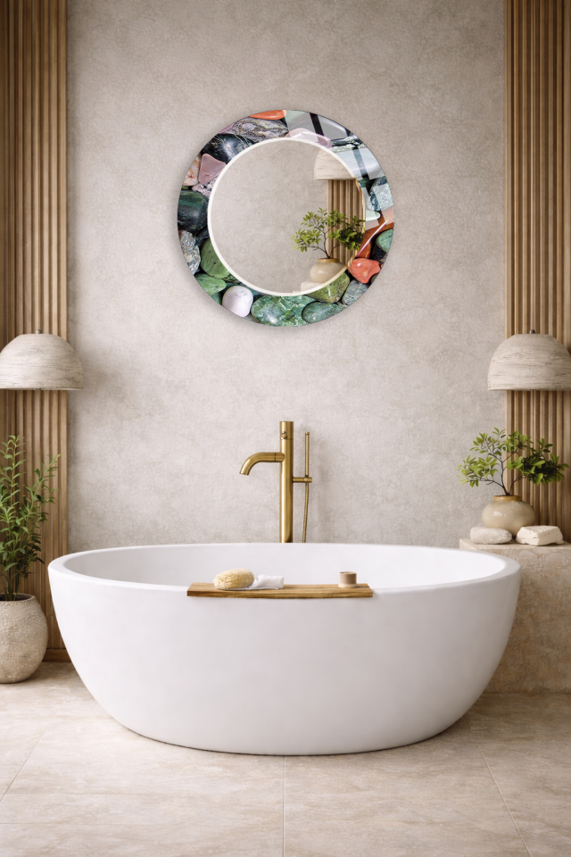 HEM TABLO HEM AYNA DOĞAL TAŞ ÇAKIL DESENLİ TASARIM CAM DUVAR AYNASI EV DEKORU