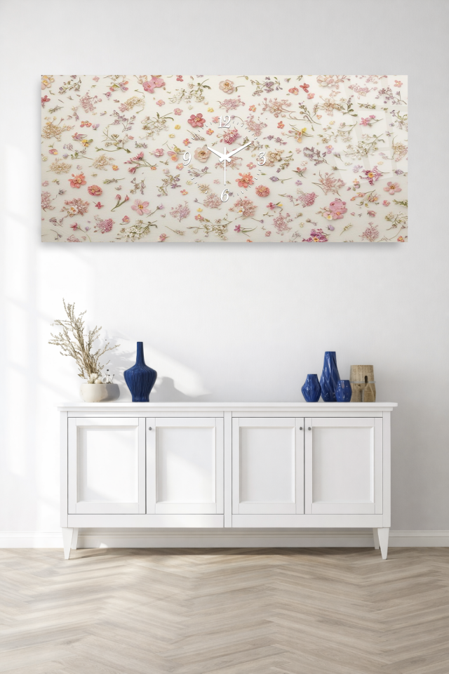 KIRILMAZ CAM DUVAR SAATİ , HEM TABLO HEM SAAT ÇİÇEK DESENLİ PASTEL TON EV OFİS HEDİYESİ