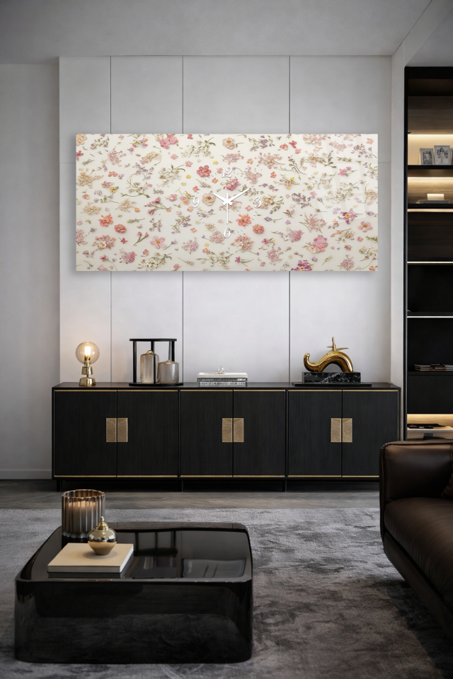 KIRILMAZ CAM DUVAR SAATİ , HEM TABLO HEM SAAT ÇİÇEK DESENLİ PASTEL TON EV OFİS HEDİYESİ