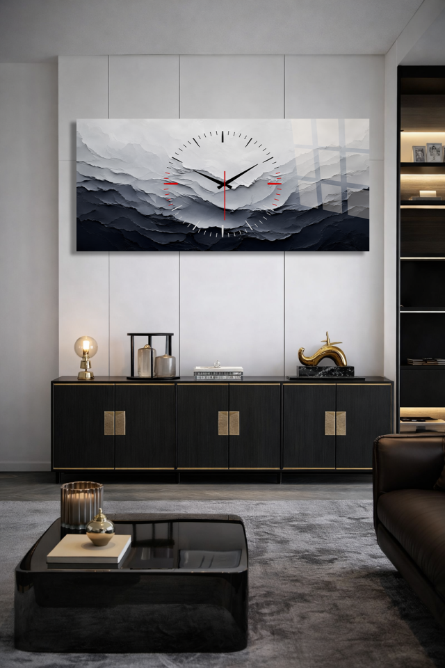 KIRILMAZ CAM DUVAR SAATİ, HEM TABLO HEM SAAT MİNİMAL MODERN SOYUT GRİ BEYAZ TASARIM EV OFİS HEDİYESİ
