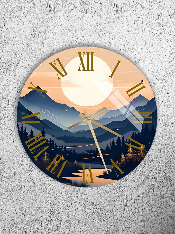 KIRILMAZ CAM DUVAR SAATİ, HEM TABLO HEM SAAT AY IŞIĞI DAĞ MANZARASI SANATSAL TASARIM EV OFİS HEDİYESİ